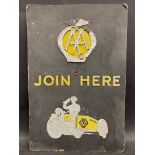 An early AA Join Here pictorial embossed showcard advertising sign, 9 1/2 x 14 1/4".