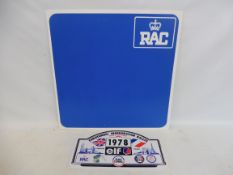 An RAC perspex road sign, blank for detail, 24 x 24" plus an RAC Rally-Eurotunnel Inauguration