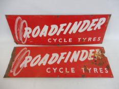 A pair of Road finder Cycle Tyres enamel signs.