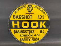 An AA circular road/village sign for 'Hook's Basingstoke 5 3/4 miles', som restoration, 30"
