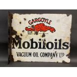 A Mobiloils Gargoyle double sided enamel sign with a replacement hanging flange, 20 x 16".