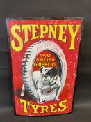 A Stepney Tyres pictorial enamal sign, with central bulldog image, older restoration, the central