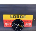 A Lodge World Famous Spark Plugs wall hanging advertising clock, 18 x 11".