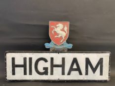 A district road sign for 'Higham' surmounted by an 'Invicta' shield, (Strood near Chatham), 36 x