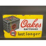 An Oakes Batteries rectangular part pictorial enamel sign with good gloss, 28 1/2 x 17 1/2".
