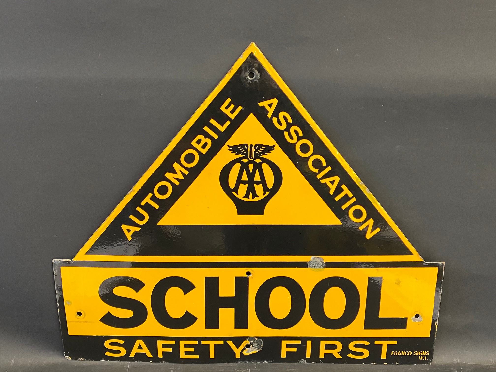 An AA School 'Safety First' enamel sign by Franco, with excellent gloss, 26 x 22".