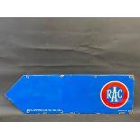 An RAC double sided directional arrow enamel sign with early roundel design to one end, and blank