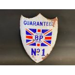 A BP Motor Spirit 'Guaranteed No. 1' shield shaped curved enamel sign with central union jack, 9 x