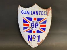 A BP Motor Spirit 'Guaranteed No. 1' shield shaped curved enamel sign with central union jack, 9 x