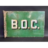 A B.O.C. (British Oil Company) double sided enamel sign with hanging flange by Falkirk Iron, patches