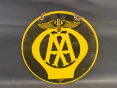 An AA circular double sided enamel sign by Franco, 18" diameter.