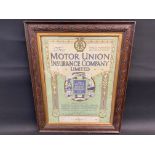An early Motor Union Insurance Company Limited advertisement, departments including Motor Car &