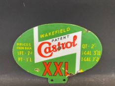 A Wakefield Patent Castrol XXL grade oval double sided enamel price tag.