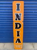 An India Tyres narrow enamel sign by Franco, the white outlines overpainted, 12 x 64".