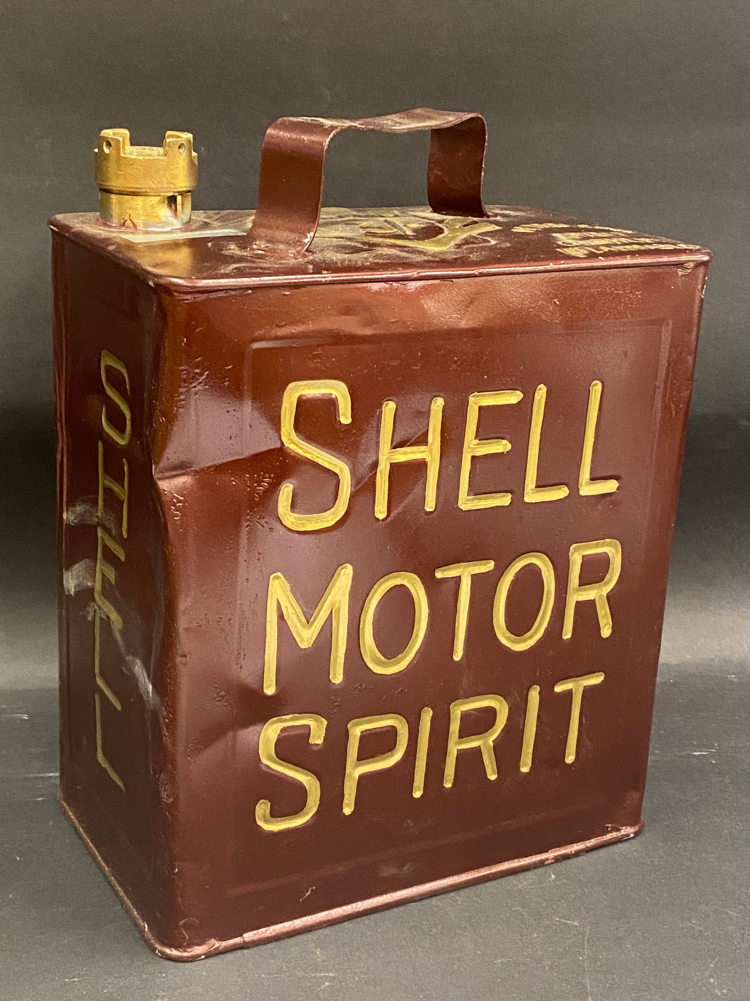 A Shell Motor Spirit two gallon petrol can by F.F. & S Ltd 1949, with Shellmex brass cap, restored. - Image 2 of 4