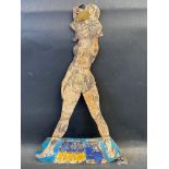 An Esso Blue die-cut tin pin-up girl window sign, 10 x 16".