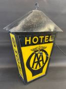 An AA Hotel lantern shaped glass illuminated lightbox by Franco, 23" w x 32" h x 11" d.