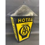 An AA Hotel lantern shaped glass illuminated lightbox by Franco, 23" w x 32" h x 11" d.