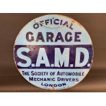 A Society of Automobile Mechanic Drivers London 'Official Garage' circular double sided enamel sign,