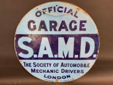 A Society of Automobile Mechanic Drivers London 'Official Garage' circular double sided enamel sign,