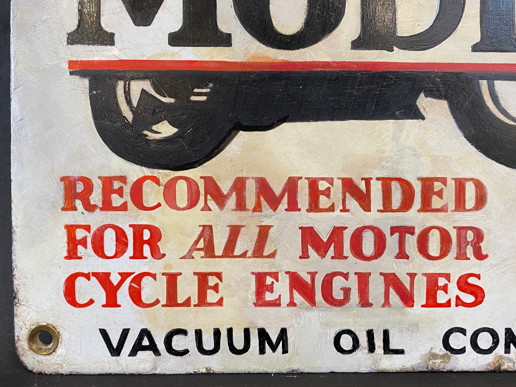 A Mobiloil 'O' grade pictorial enamel sign depicting the motorcyclist at speed, older restoration, - Image 4 of 5