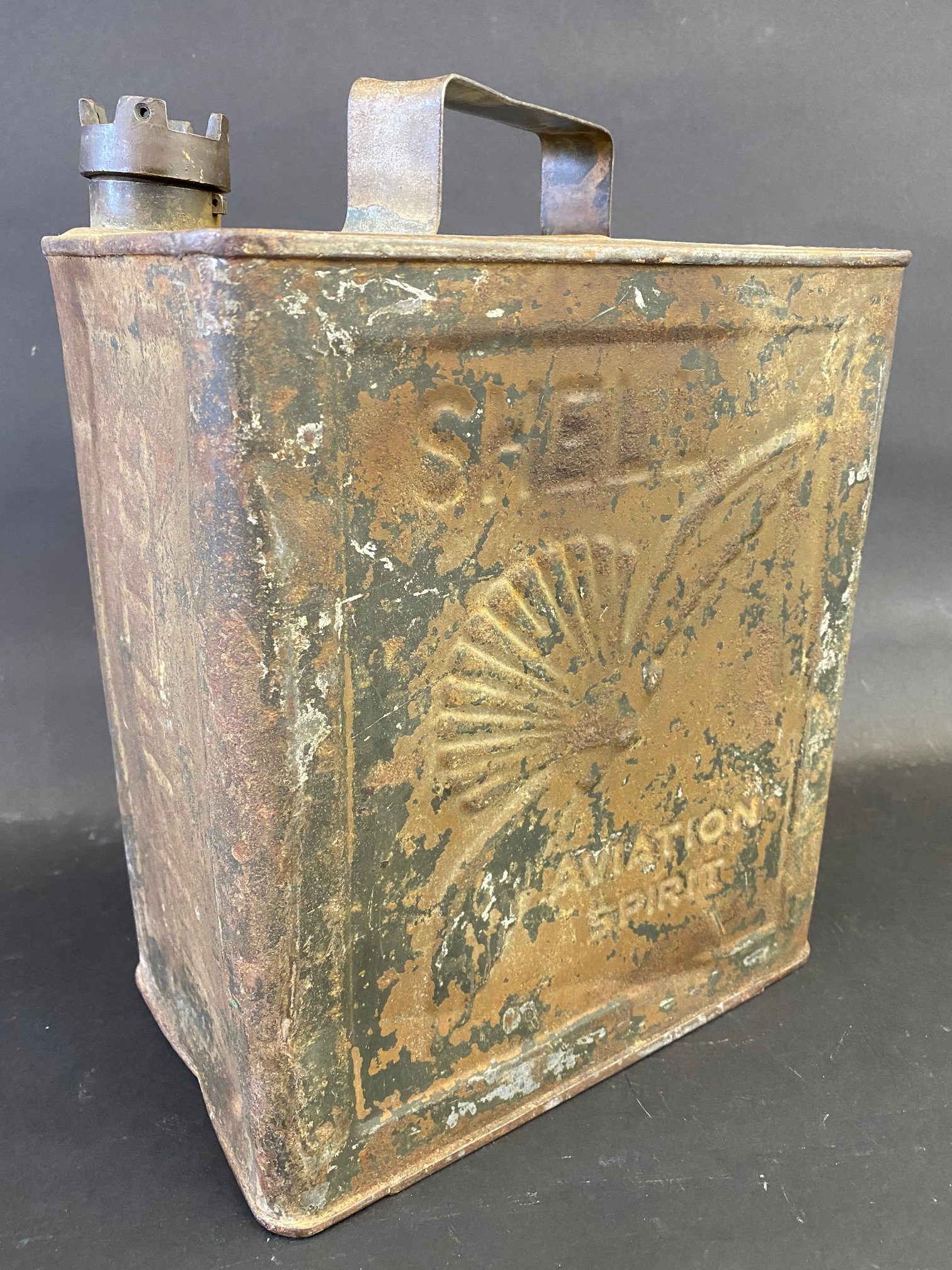 A Shell Aviation Spirit two gallon petrol can by Valor, dated 1933, in original condition.