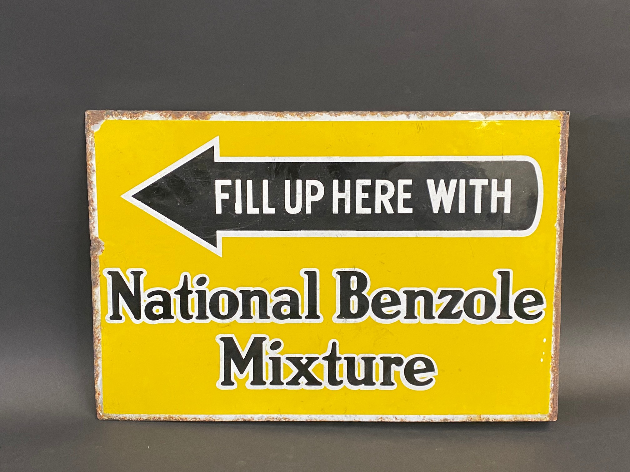 A National Benzole Mixture double sided enamel sign with hanging flange, 18 x 12".