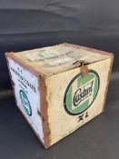 A Castrol Motor Oil packing crate for six gallon tins.