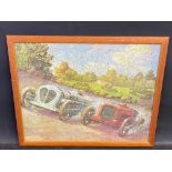 A framed and glazed jigsaw of two pre-war cars racing at Brooklands, one possibly the Napier