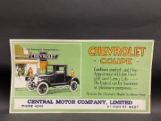 A Chevrolet 'Coupe' motor car display advertising card sign, 21 x 11".