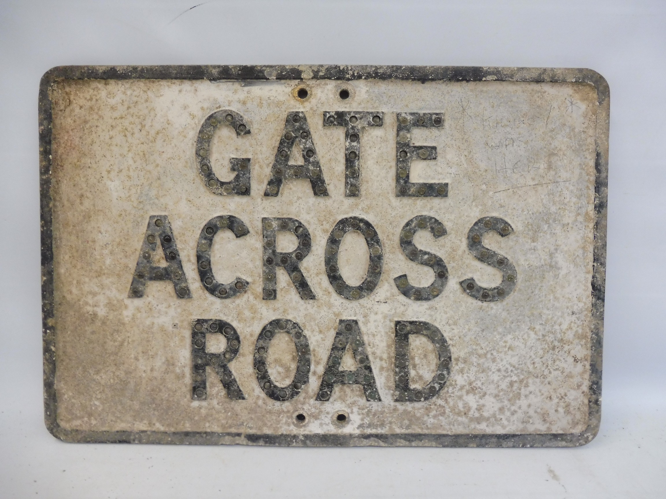 A rectangular aluminium road sign - Gate Across Road, with reflective glass beads, 21 x 14".