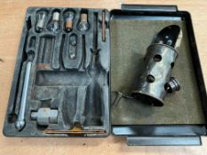 A Bentley T1 partial tool kit plus a 1920s brass inspection lamp.