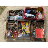 Five boxes of assorted workshop and garage tools, some new.