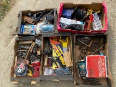 Five boxes of assorted workshop and garage tools, some new.