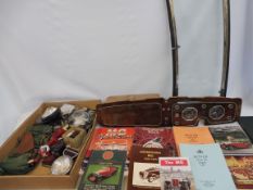 An autojumbler's lot of various parts, some for an MG Y type including a windscreen and a dashboard,