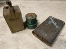 An Essolube paraffin can, a boxed Veritas safety car heater plus an Edwardian copper foot warmer.