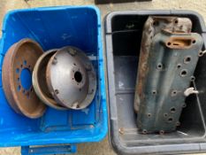 Two Ford Model A cylinder heads, a brake drum, a hub etc. also three unknown brake shoes etc.