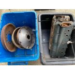 Two Ford Model A cylinder heads, a brake drum, a hub etc. also three unknown brake shoes etc.