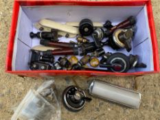 A small box of switches and interior fittings etc. including a new Lucas ignition switch etc.