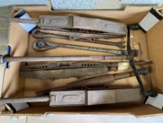 Three Riley jacks (the type that mount on the road springs), handle, tyre levers etc.