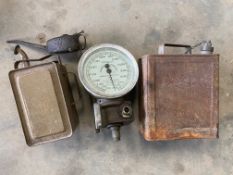 A Hardy's Tachometer gauge, a petrol can and an Esso Blue can etc.