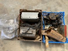 Two trays of assorted parts to include switches, lamps, levers etc plus an MG Midget 1500 pair of