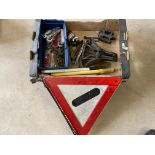 A box of assorted bicycle spares including a saddle etc.