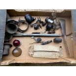 A box of assorted switches and electrical parts etc including a pull out dash lamp and a pair of