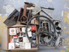 A quantity of assorted spares, a steering wheel, Lea Francis 2.5 rocker boxes etc.
