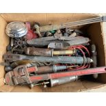 A box of grease guns and workshop equipment etc.