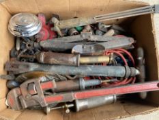 A box of grease guns and workshop equipment etc.