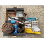 A box of assorted items including a chrome Redex conical gun, various gauge accessories etc.