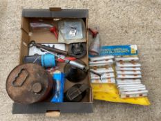 A box of assorted items including a chrome Redex conical gun, various gauge accessories etc.