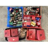 Five boxes of electrical fittings, thermostats, clutch corks etc.
